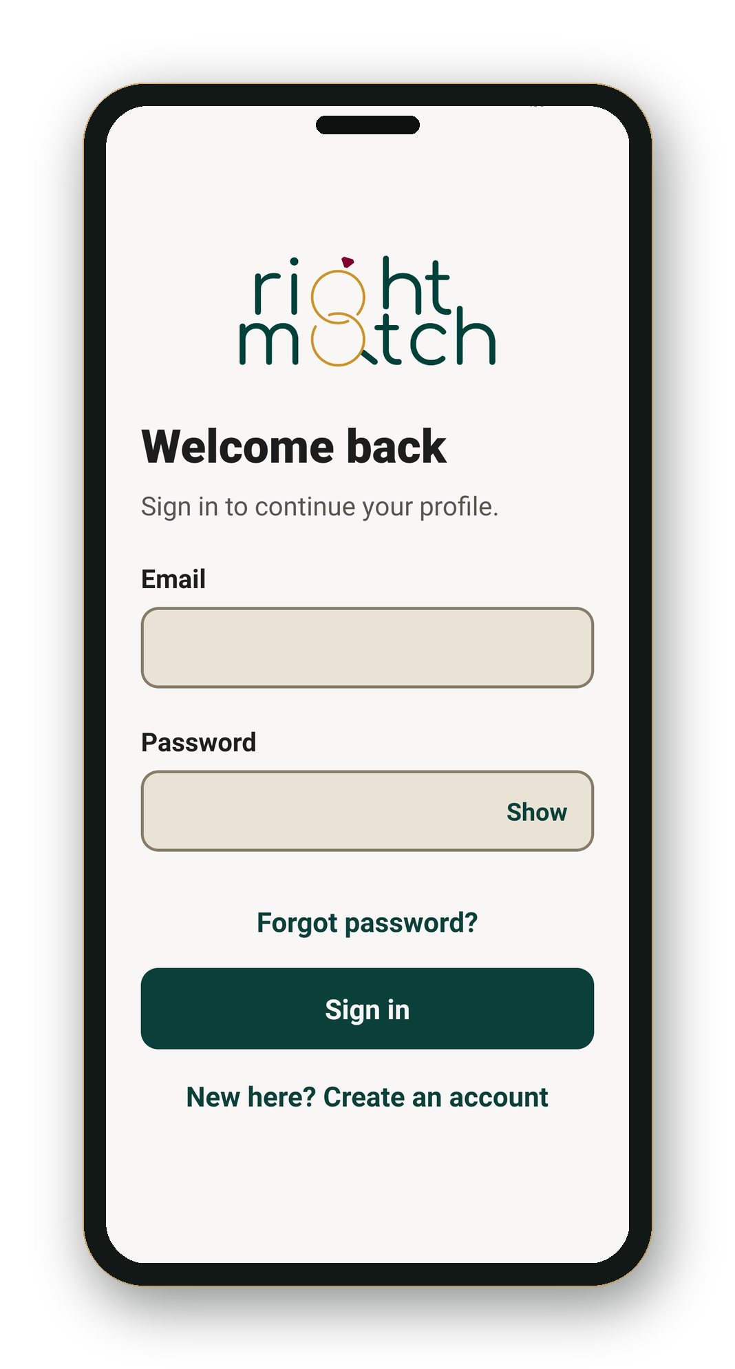 The Right Match app sign-in screen