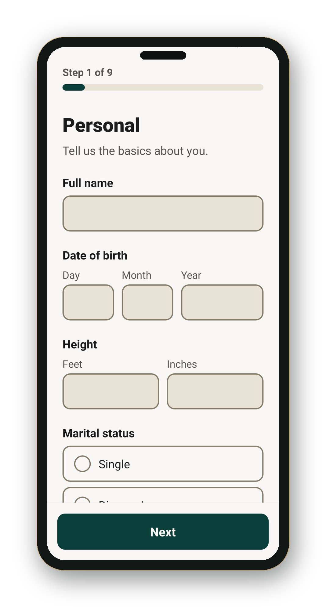 The Right Match profile setup screen, step 1 of 9