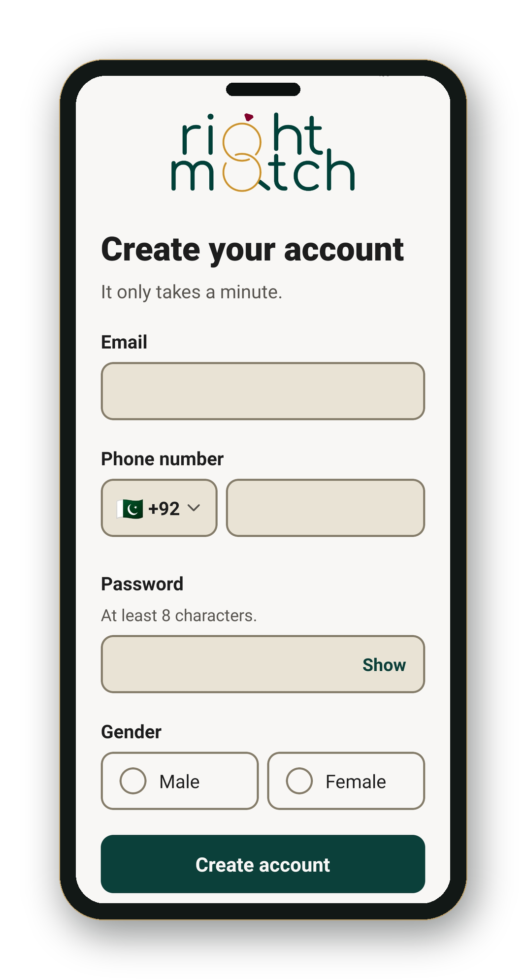 The Right Match create-account screen